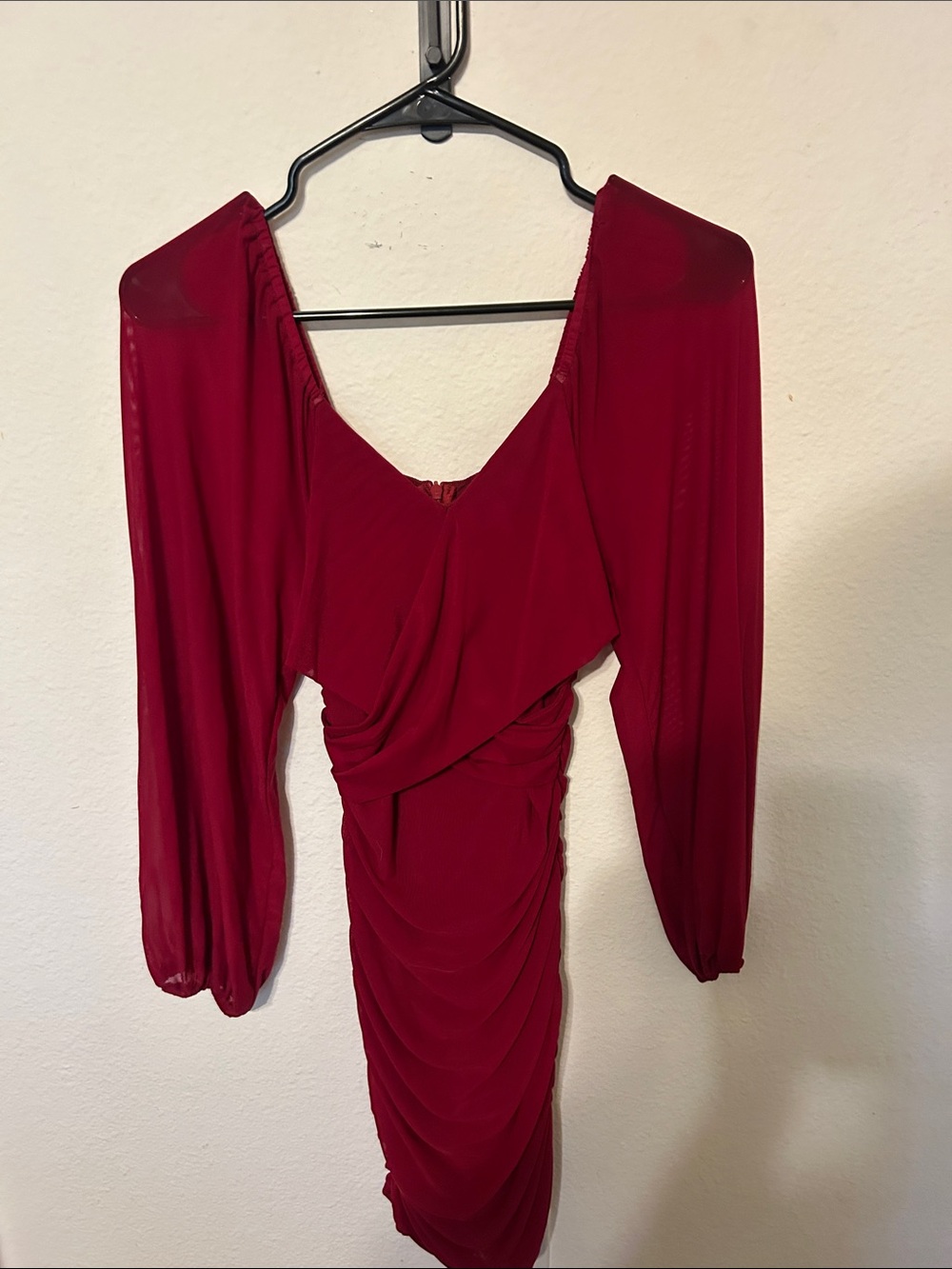 Ruched Burgundy Long-Sleeve Midi Dress